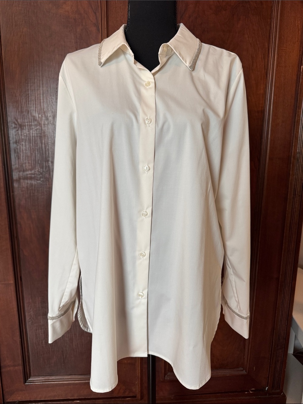 Lysse Creamy White Button-Down Shirt with Silver Trim